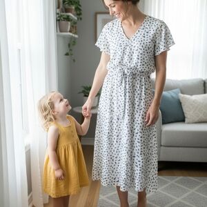 Sienna Sky White With Blue Floral Flutter Sleeve Belted Elastic Waist Midi Dress